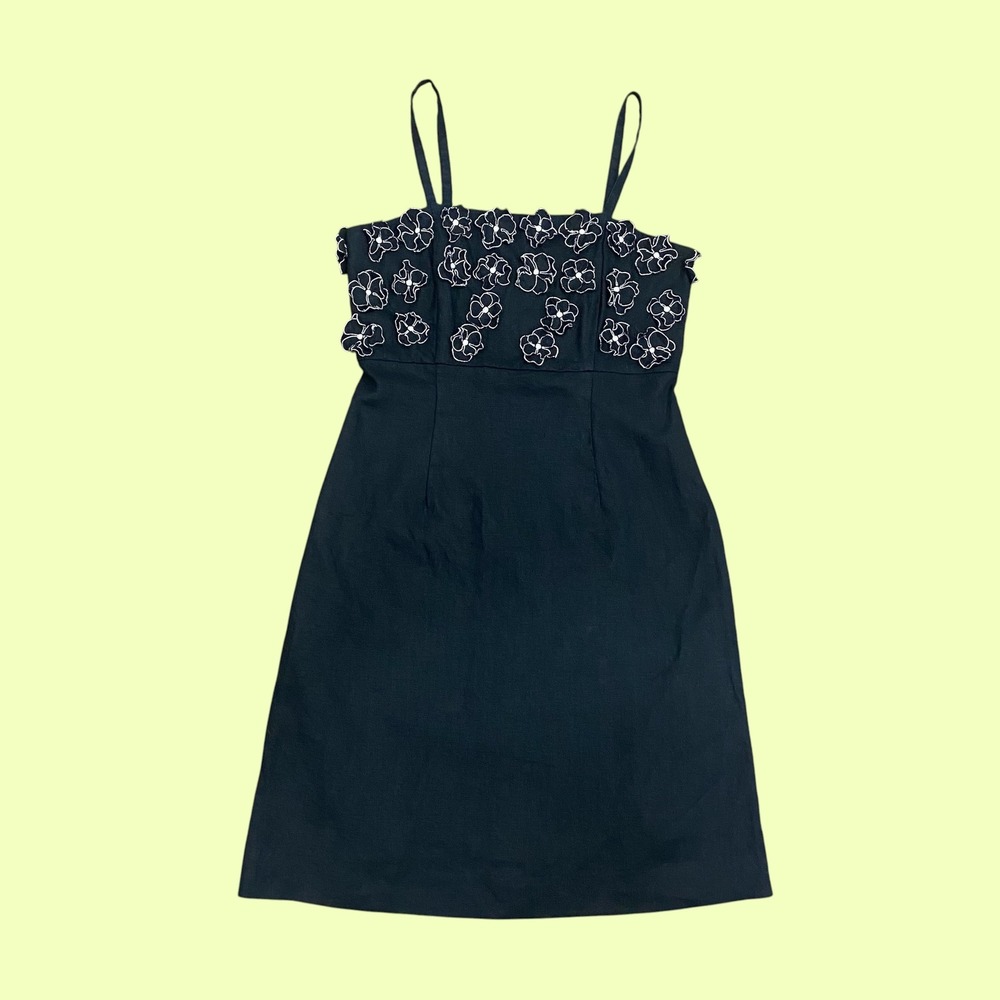 !!SOLD!! Catherine Stewart Vintage 90s Charcoal 100% Linen Floral Applique Dress